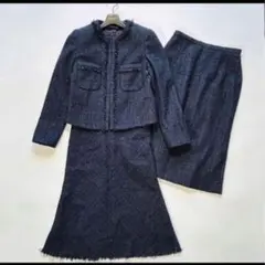 ANAYI 3点 セットアップ ワンピース ノーカラー ツイード ネイビー 36