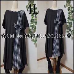 春*4L★人気千鳥柄*ブラック淡黒系*Aライン細く見えワンピ*大きいサイズ