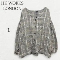 1196【HK】Vネック長袖ブラウス グレンチェック ボリューム袖 Ｌ ゆったりのサムネイル