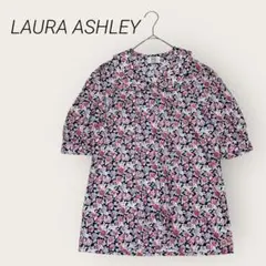 ローラアシュレイ　総花柄ブラウスシャツ　ピンタック　コットン　半袖　丸襟　日本製