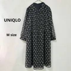 ユニクロ　UNIQLO 花柄シアーワンピース　M ブラック　七分袖　ひざ丈　丸襟