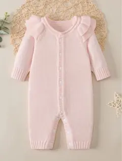 ピンク フリル付き ニットロンパース