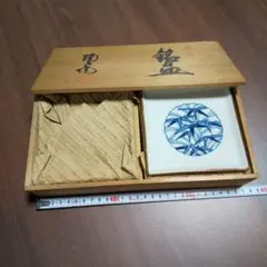 青い模様の四角皿セット5枚 木箱付き