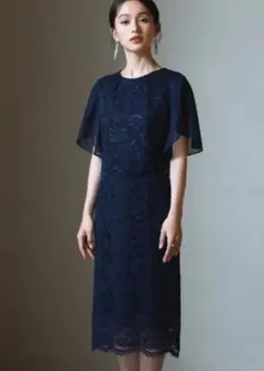 DRESS PLUS セットアップ風デザインフリルスリーブドレス ネイビーXXL