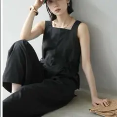 ヘリンボーンストライプサス付きサロペット 前後2wayパンツ 黒 Lumier