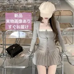 miu系穿搭 ワンホンリブニット　3点セット プリーツスカート ワンホン美女 秋