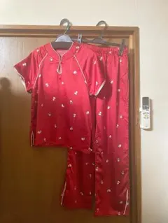 チャイナ風 半袖パジャマ ルームウェア 上下セット レッド サテン生地
