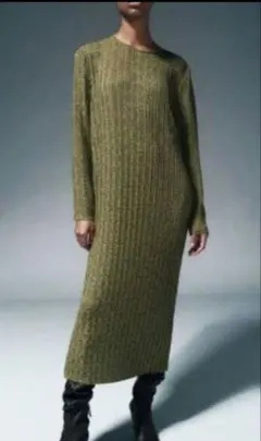 ZARA オリーブグリーン ニットロングワンピース 長袖