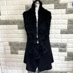 【オリジナル】美品　ファー付きロングジレ　ニット(F)黒　柔らか肌触り　大人上品