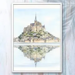 A4 モンサンミッシェルの輝く水鏡風景 癒しのヨーロッパ風景画アート 水彩画