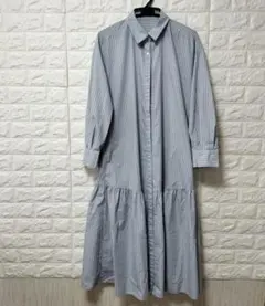 ストライプ シャツワンピース 長袖 ティアード