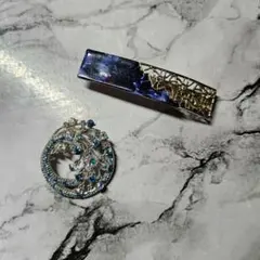 バレッタと青色クリスタルのブローチセット
