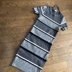 グレー系 ストライプ 半袖ニットワンピース