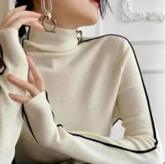 【White】サイドライン ハイネックニット トップス タートルネック 配色