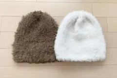 ふわふわニット帽　2点セット（モカ・ホワイト）　レディース