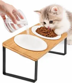 고양이 식기, 고양이 그릇, 고양이 사료 홀더, 대나무 스탠드 포함, 소형견용, 세라믹