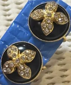 黒+金ドーム型花クリスタルラインストーン装飾 イヤリングヴィンテージ年代物レトロ