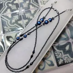 メガネチェーン★魅惑のミッドナイトブルー「スワロフスキーパール」&カット硝子