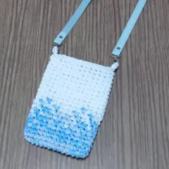 手編み スマホショルダー 白×青 ハンドメイド