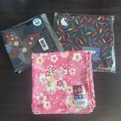 新品未使用品　和風ハンカチ3枚セット　綿100％　藍染　蝶々柄　桜柄　唐辛子柄