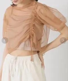 Kastane キャミ付きチュールTee シアー半袖トップス オレンジ ベージュのサムネイル