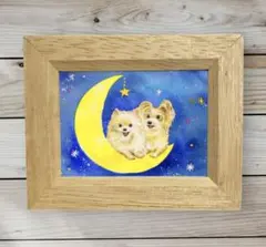 犬　ミニ額イラスト［お月様の上で］手描き　複製画　水彩イラスト
