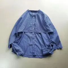美品 VACANCY ケープ襟付き フレアブラウス ブルー ストライプ ゆったりのサムネイル