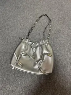 シルバー リボン装飾 ハンドバッグ