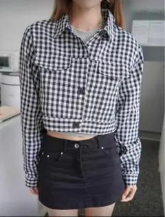 SHEIN ギンガムチェック クロップドジャケット