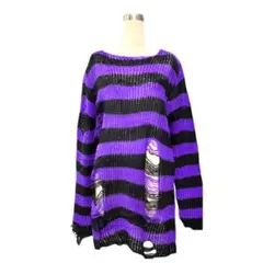《セーター》ボーダー ダメージ ロング ニット パープル【APPAREL】