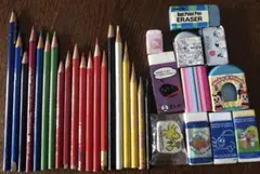 不揃い色鉛筆・未使用、使用済消しゴムまとめ売り