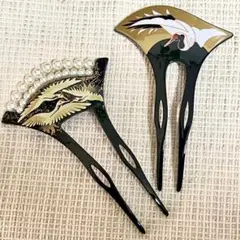 2点セットA 簪 かんざし 髪飾り パール バチ型 鶴 和装小物 結婚式 留袖