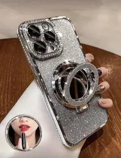 iPhone14Pro★グリッターシルバーiPhoneケースリングスタンド付中古