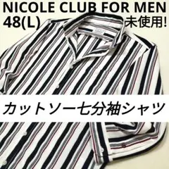ニコルクラブフォーメン　マルチストライプ七分袖カットソーシャツ　白×紺　48