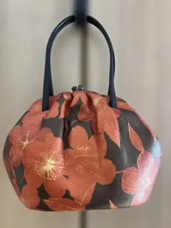 がま口ハンドバッグ　着物用　黒地に赤い花柄