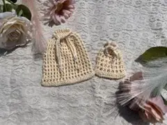 ハンドメイド　かぎ編み　編み物　コットン メッシュ編み 巾着袋 2点セット