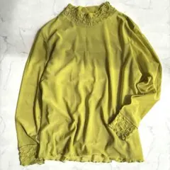 シアーレースブラウス　【L】黄緑　長袖　ハイネック　立体　フラワーデザイン