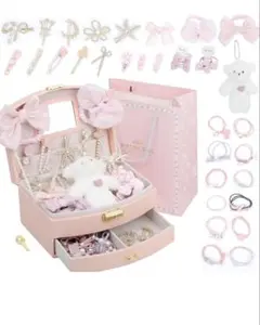 ヘアアクセサリーセット かわいい 収納ボックス付き (ピンクセット)