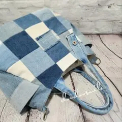 ⭐No.D488 デニムパッチワーク⭐チューリップバッグ⭐デニムリメイク