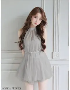 ROBE de FLEURS ハイネックウエストリボンフレアミニキャバドレス