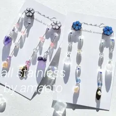 No368 オールステンレスピアス 天然石ピアス 淡水パールピアス 青ピアス