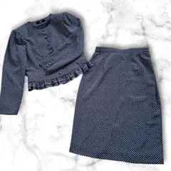 Ｌ　ネイビー セットアップ ドット フリル ノーカラージャケット タイトスカート