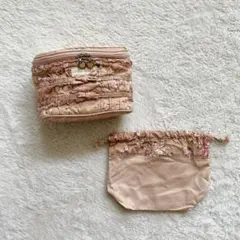 PINK HOUSE バニティポーチ&巾着　花柄 リボン チャームくすみピンク