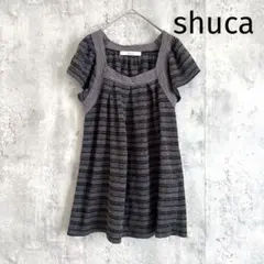 【shuca】ボーダー柄 半袖チュニック グレー系 Sサイズ ゆったりのサムネイル