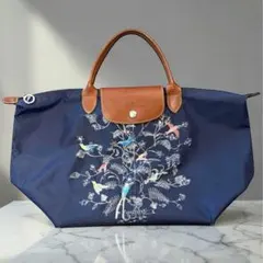 LONGCHAMP ロンシャン　トートバッグ　ナイロン　レザー　刺繍　鳥　A4