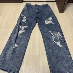 ダメージ加工 ワイドデニムパンツ インディゴブルー