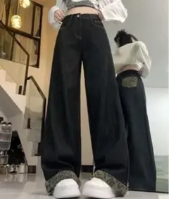 ハート柄 レオパード ワイドデニムパンツ ブラック - メルカリ