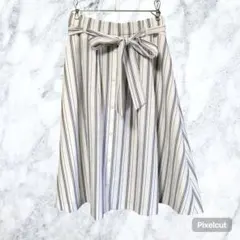 J518 any SiS ストライプ フレアスカート Lベルト付 オンワード樫山