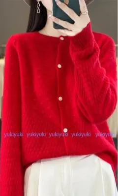 L極上柔らかカシミヤ100％★デザイン編みニットカーディガン♪レッドL