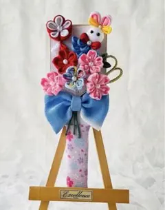 【お値下げ】つまみ細工　うさぎ羽子板ブーケ② 雛飾り(お名前プレート別売り)
